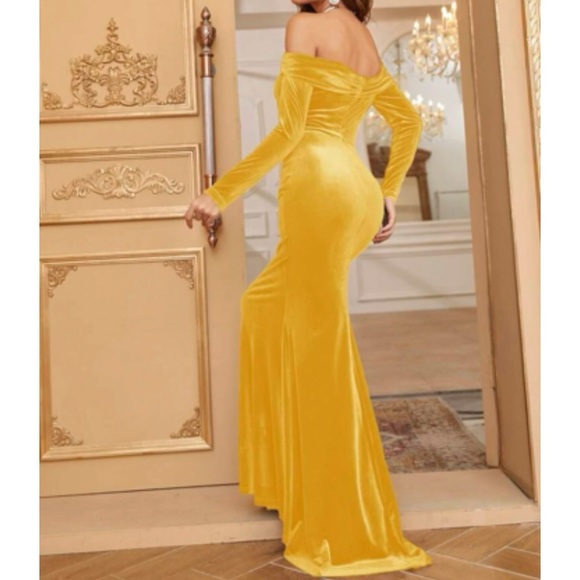 Luxe yellow off shoulder party bridesmaids wedding velvet maxi dress - Picture 3 of 16